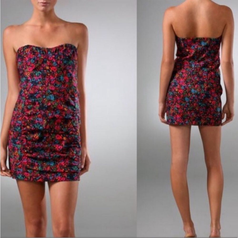 Nanette Lepore Mini Dress Strapless Retro Honeysuckle Floral Denim Size 4 - Picture 1 of 10